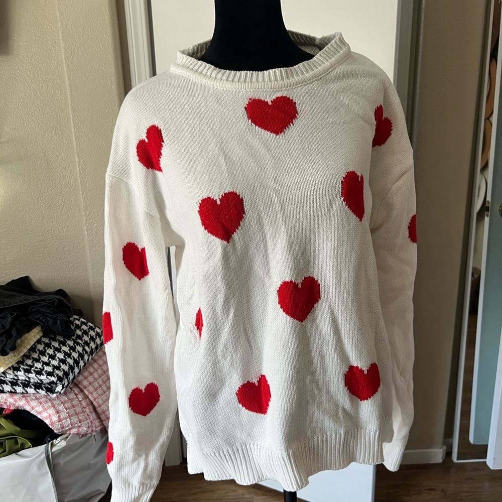 Vici White Sweater with Red Heart Accents